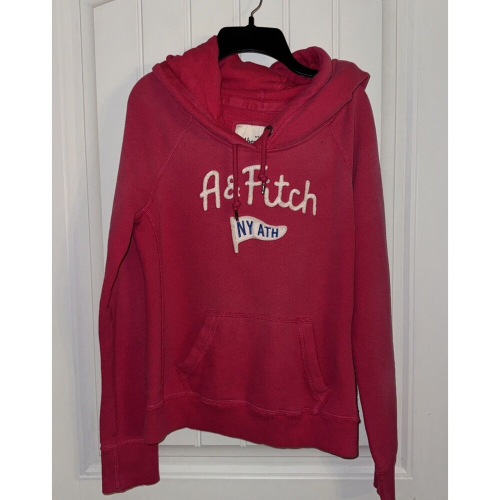 Y2K Abercrombie & Fitch Women's Pink Hoodie Sweatshirt Large Distressed Pullover